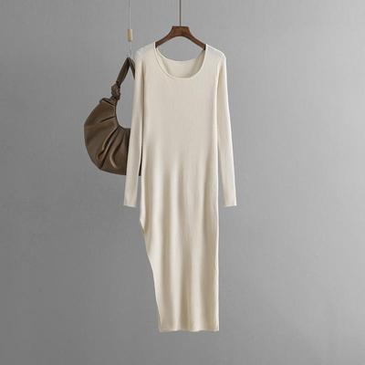 Fall Winter Lazy Wind Loose O-Neck Sweater Dress Women's Long Sleeve Solid Color Slim Slit Knit Wide Dresses