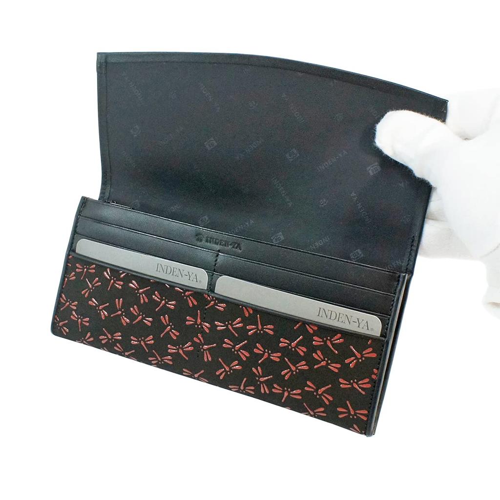 Indenya Inden Long Thin Deerskin Leather with Black and Red Dragonfly Wallet, Lacquer, Pattern, 2311-21-008