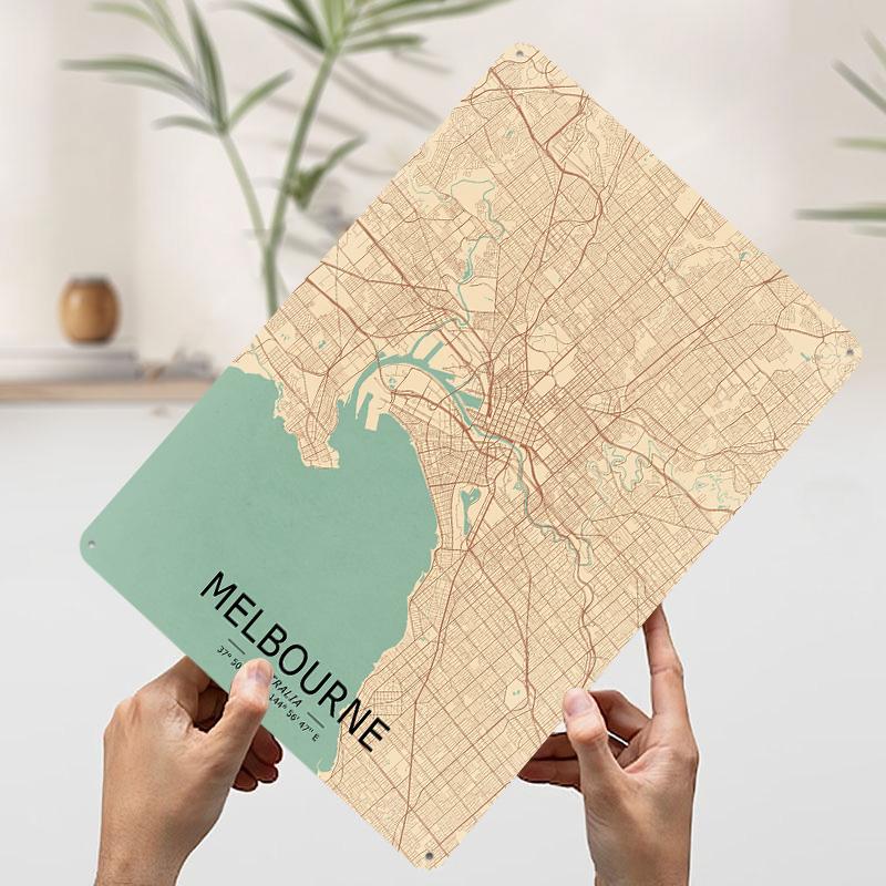 Melbourne Vintage Map Tinplate Poster Customized Wall Art Vintage Retro Metal Signs for Room Decorations Desk Decor Wand Deko
