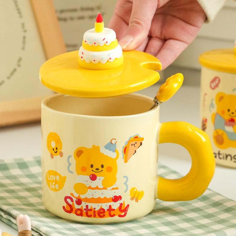 Cupa Ceramică Creativă cu Ursuleț Desen Animat, cu Capac și Linguriță, pentru Cafea de Uz Casnic, pentru Cuplu, pentru Apă, Cutie Cadou de Valoare Ridicată