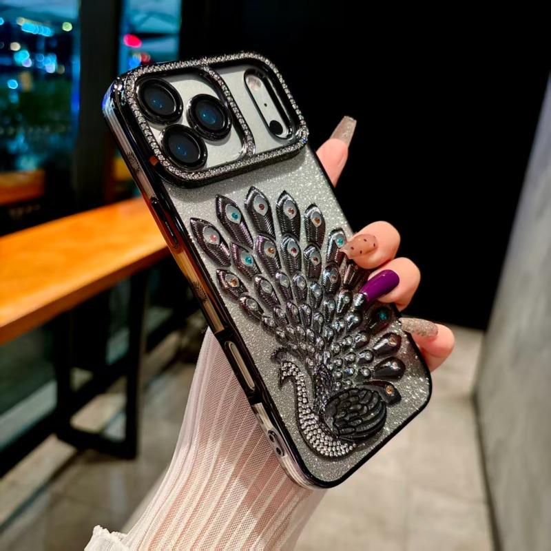 Peacock Plated Frame Glitter Stickers Rhinestone Lens Ring Case for For Iphone 17 Air 16 1 14 Plus 13 Pro Max Protect Soft Cover
