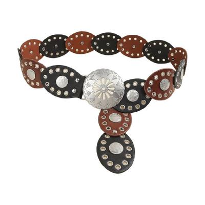 Fashion Bohemian Oval Disc Belt for Adult Western Waistband Ethnic PU Leather Hollowed Buckle Waiststrap for Dresses