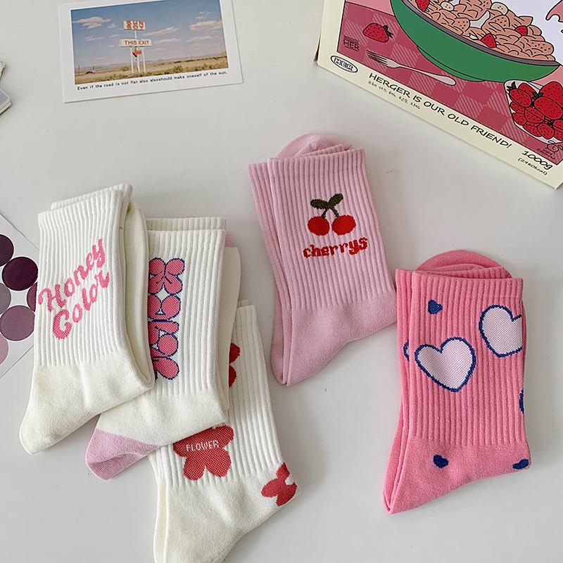 Women's Mid-Calf Socks: Japanese-Inspired Pink Floral with Lettering, Cute and Versatile for Spring & Autumn.