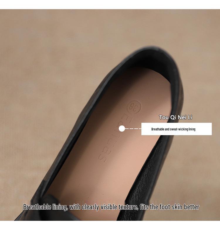 Sheepskin 7.5cm Heel Retro Camellia Loafers: Chunky Heel Black Leather Slip-On Shoes