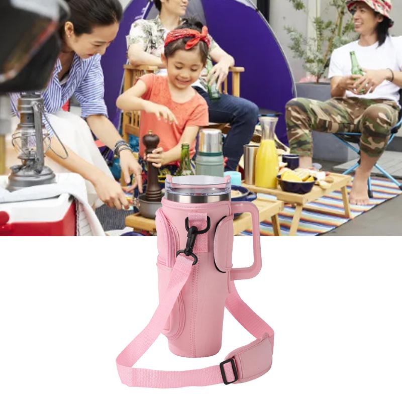 Water Bottle Bag Anti Slip Portable Double Layers Water Bottle Holder with Handle Fit for Stanley 40 Oz Insulated Tumblers Pink