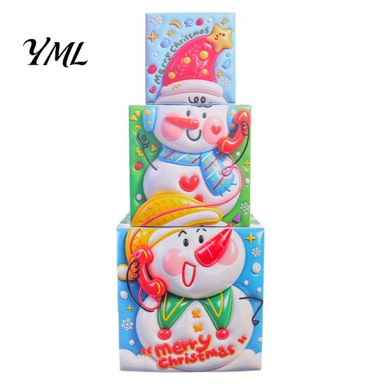 Reusable Holiday Display Sets 3Pcs Christmas Stackable Gift Box, Layered Cube Plastic Boxes with Santa Party Table Decor Snowman Reindeer, Tabletop