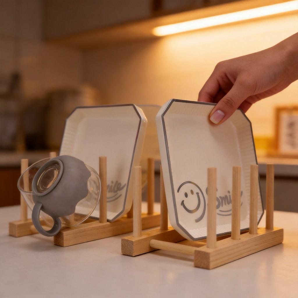 Wooden Dish Rack With Drip Tray For Kitchen Storage And Organization