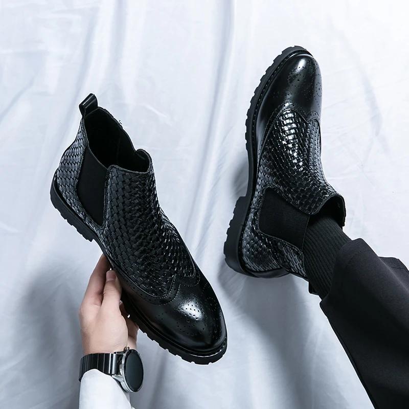 Fashion All-match Leather Shoes Men Boots Slip On Oxfords Formal Dress Chelsea High Top Ankle Boots 2025 New Business Ankle Boots Men