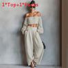 Spring Womens Off Shoulder Crop Top And Wide Leg Pants Set With Spliced Design For Casual Wear