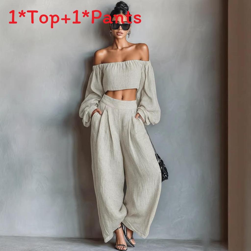 Spring Womens Off Shoulder Crop Top And Wide Leg Pants Set With Spliced Design For Casual Wear