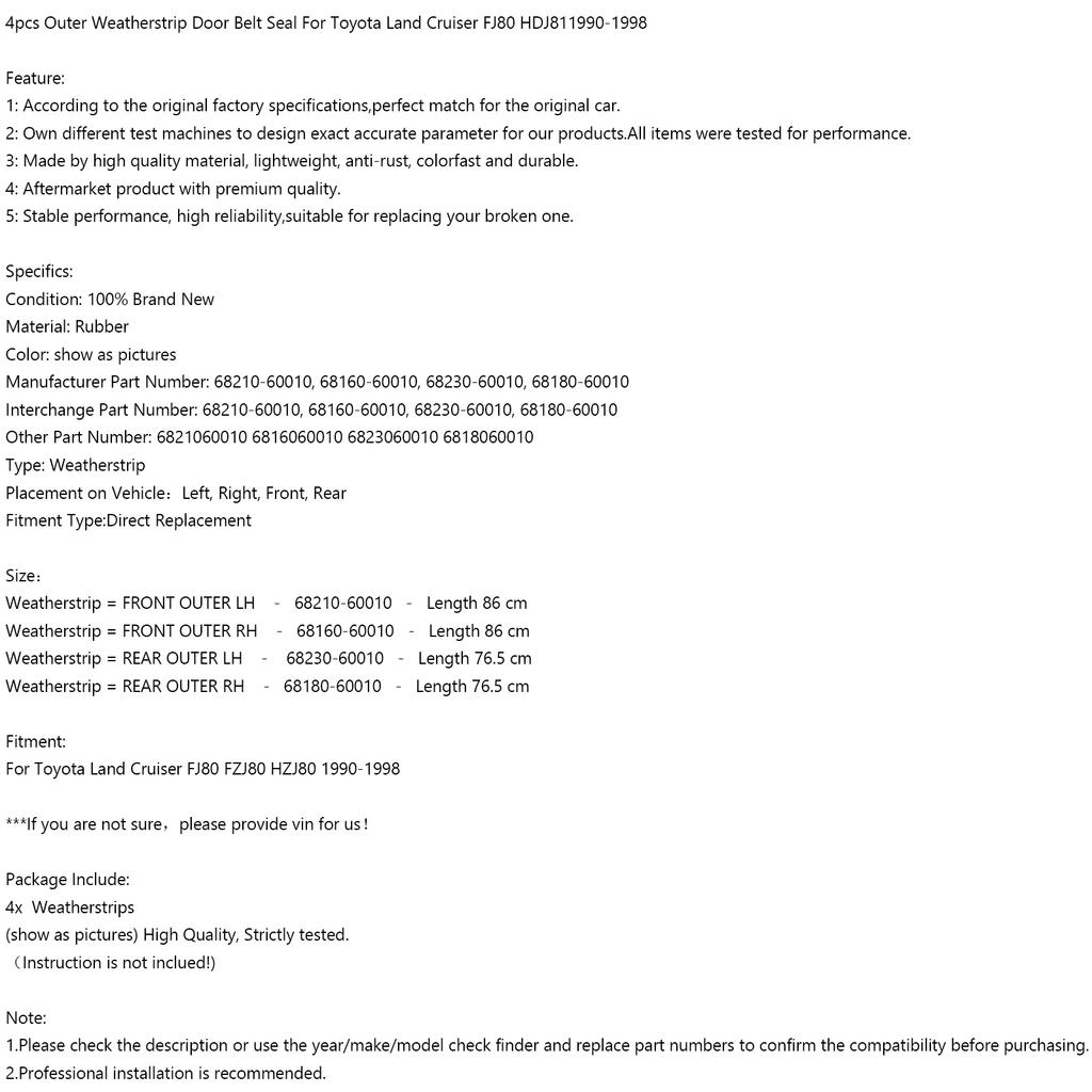 4pcs Outer Weatherstrip Door Belt Seal For Toyota Land Cruiser FJ80 HDJ81 90-98