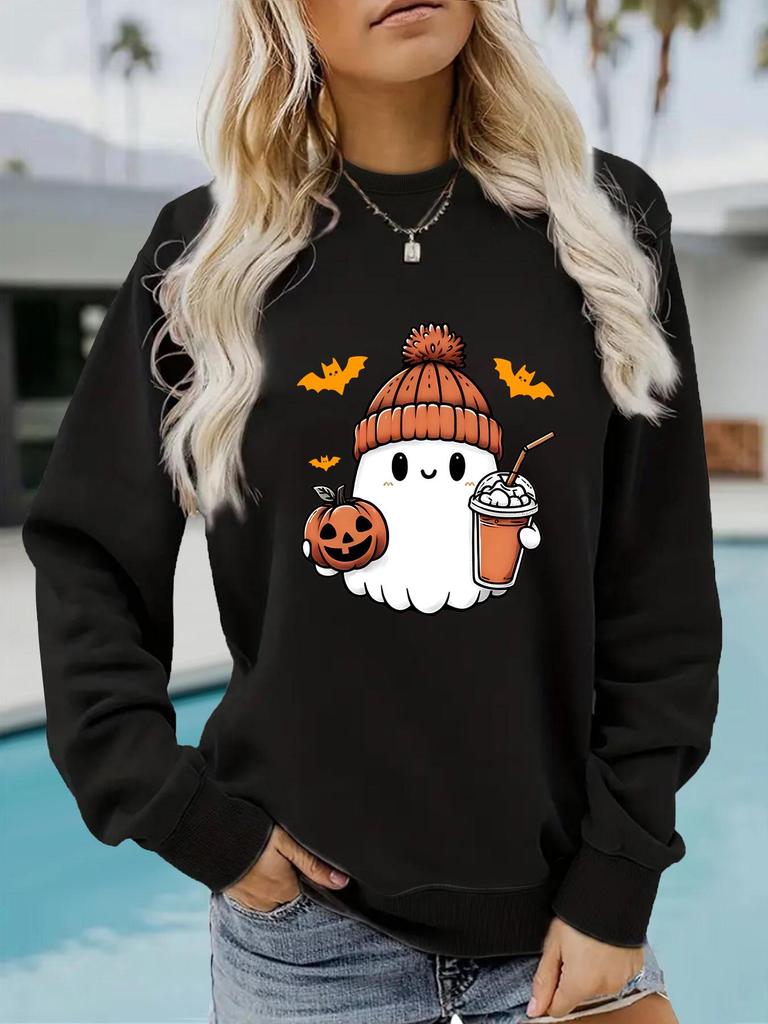 European and American Autumn/Winter Women's Cartoon Print Pullover Sweatshirt with Long Sleeves and Round Neck for Halloween