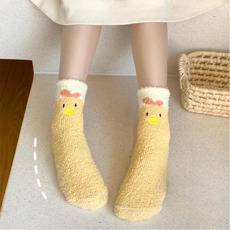 Winter Coral Fleece Socks Female Cartoon Cute Plush Thickened Sleeping Socks Female Medium Tube Floor Confinement Socks Female