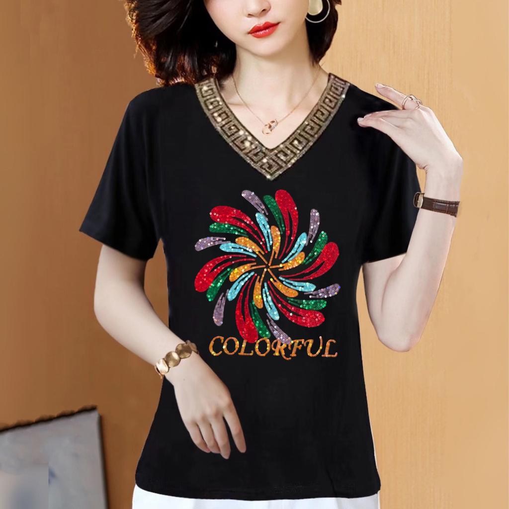 Tops Trendy Mothers Wear Hot Diamond V-neck Short-sleeved T-shirt Women's Summer Ladies Large Size Bottoming Shirt