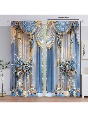 Hellblaue Blumen Hochzeit Gedruckte Vorhänge Stangentasche Heimdekoration Zimmer Set von 2 Hergestellt Polyester
