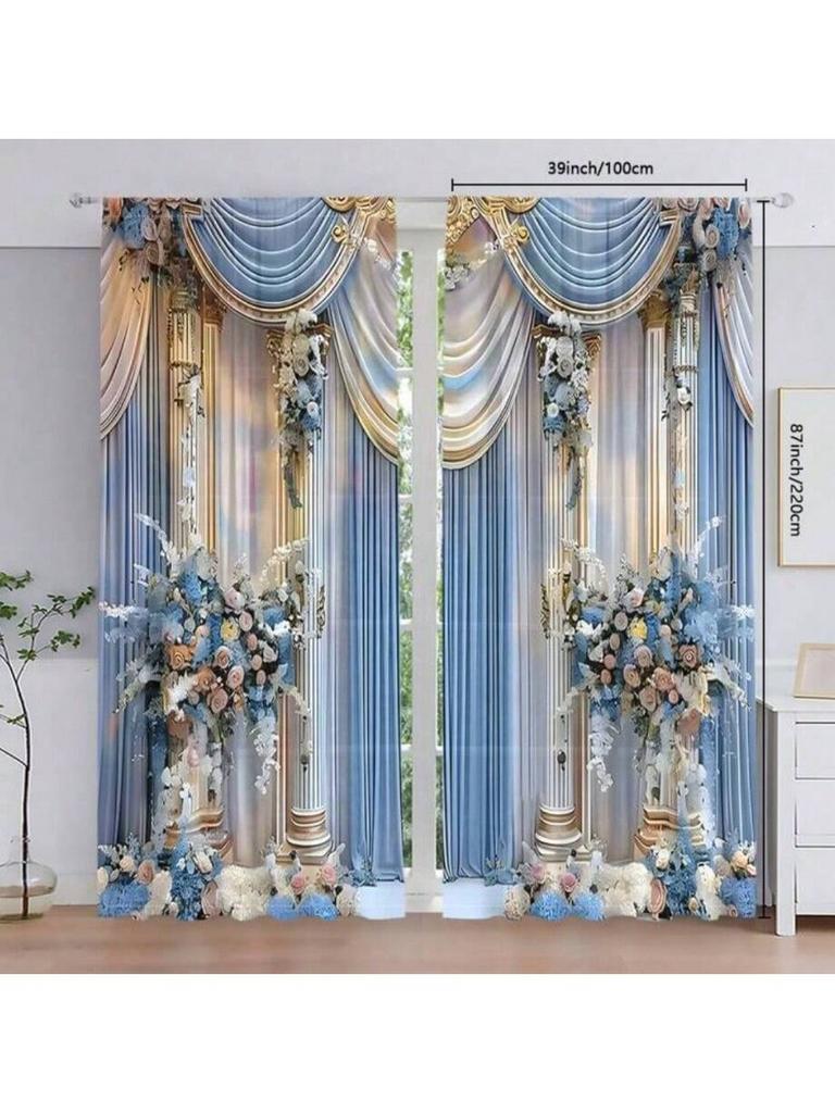 2 Pieces of Light Blue Flower Wedding Printed Curtains, Pole Bag Curtains 42*84, Home Decoration, Room Decoration