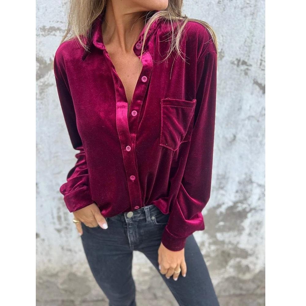 Autumn Spring Velvet Shirts & Blouses Women Solid Long Sleeve Single Breasted Tops With Pocket Ladies Vintage Shirts