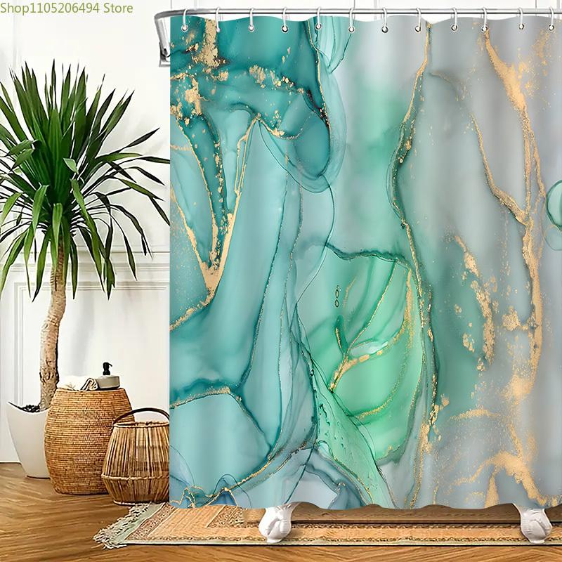1pc Modern Marble Pattern Shower Curtain - Elegant Blue & Golden Vein Design, Durable Polyester, Machine Washable, Stylish Bat