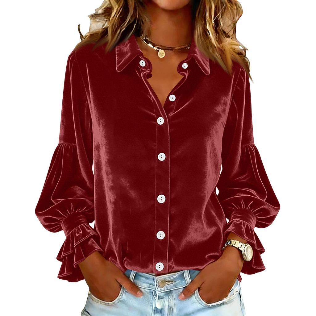 Women's Fashionable Casual Gold Velvet Button-down Shirt Long Sleeve