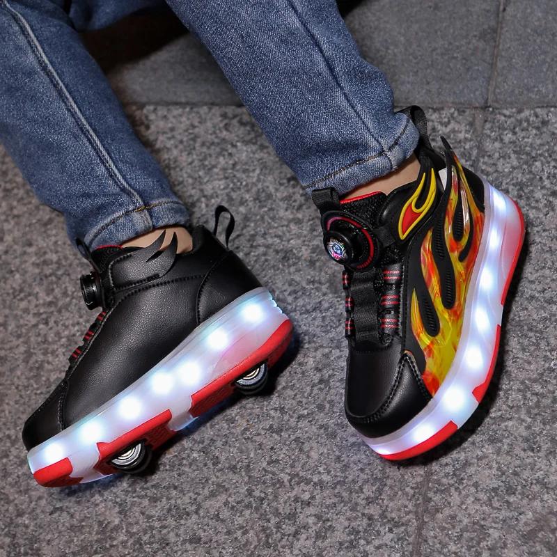 2025 Nowe dziecięce czterokołowe buty do szybkiego chodzenia dla początkujących z podświetlanym obrotowym przyciskiem i automatycznym zwijaniem dla chłopców, sneakersy