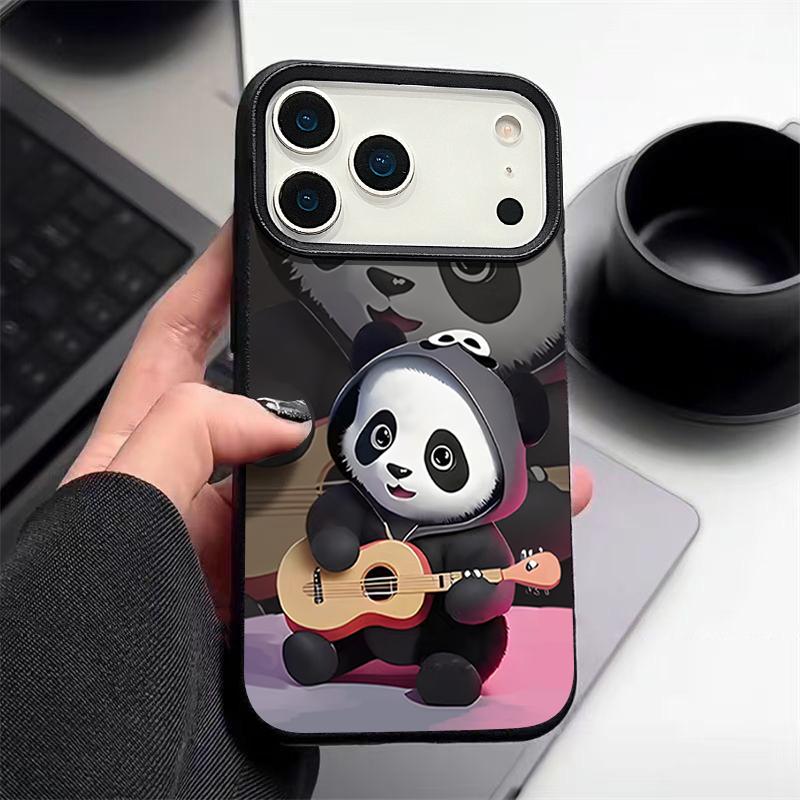 Guitar-playing Panda Pattern Case For iPhone 17 Pro Max Funda iPhone 16 Pro Max 15 14 13 12 11 Air 16E Leather Texture Silicone Cover