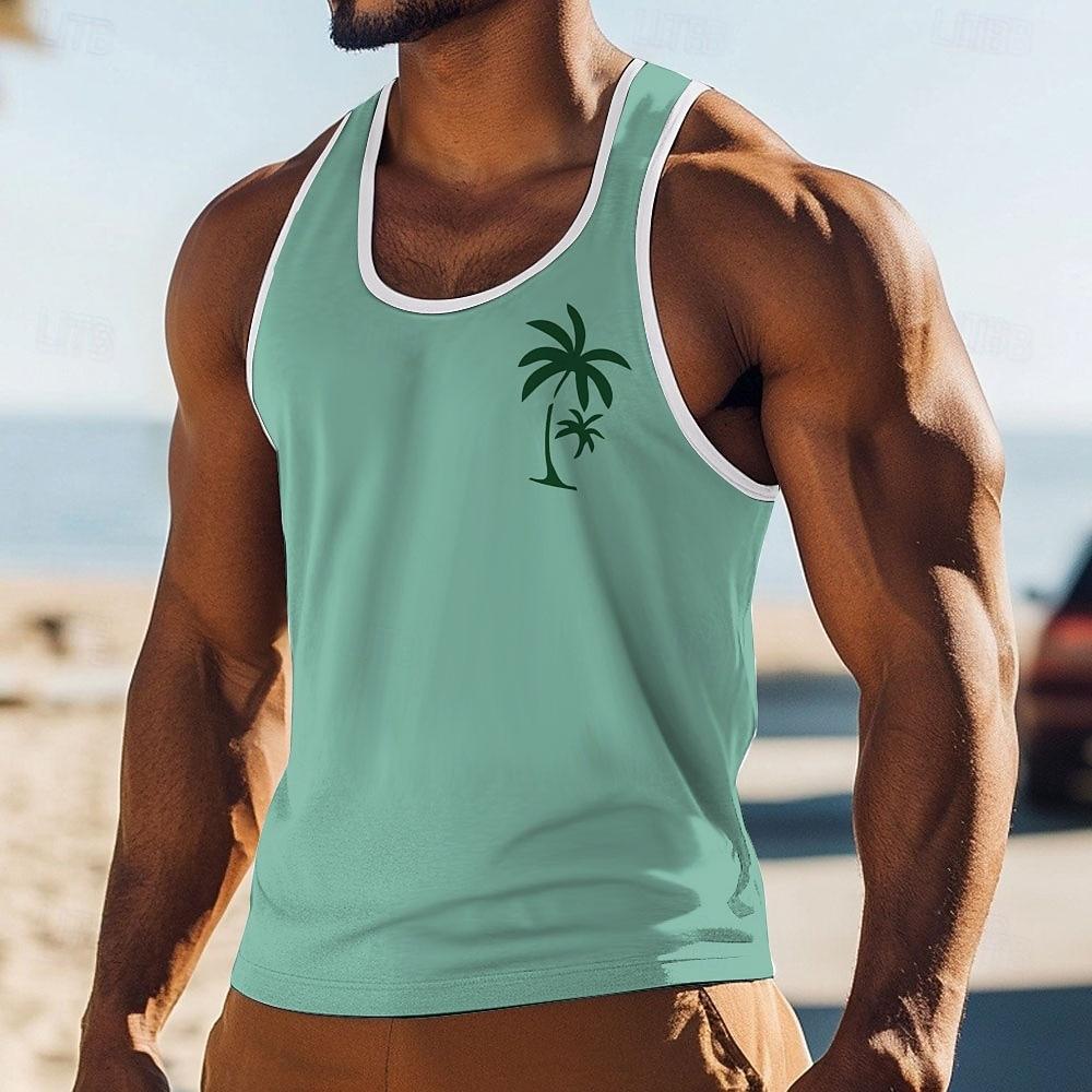 Men's Twin Palm Tree Silhouette Graphic Tropical Hawaiian Minimalist Yellow Tank Top Vest Sleeveless Shirt