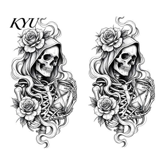 Adhesive Free Window Sticker Halloween Skeleton And Rose Static Clings, Removable Sketch Skull & Retro Pattern Glass Film Flower Sticker, Waterproof