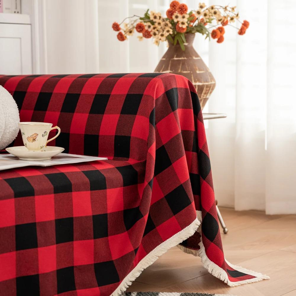 Tassel Christmas Sofa Cover, Universal Breathable Lightweight Farmhouse Bedcover for Pets Kids Couch Living Room Home Decoration