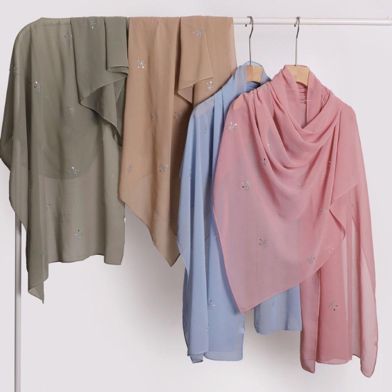 Pearl Chiffon Starry Bow Rhinestone Long Scarf Muslim Women Headscarf