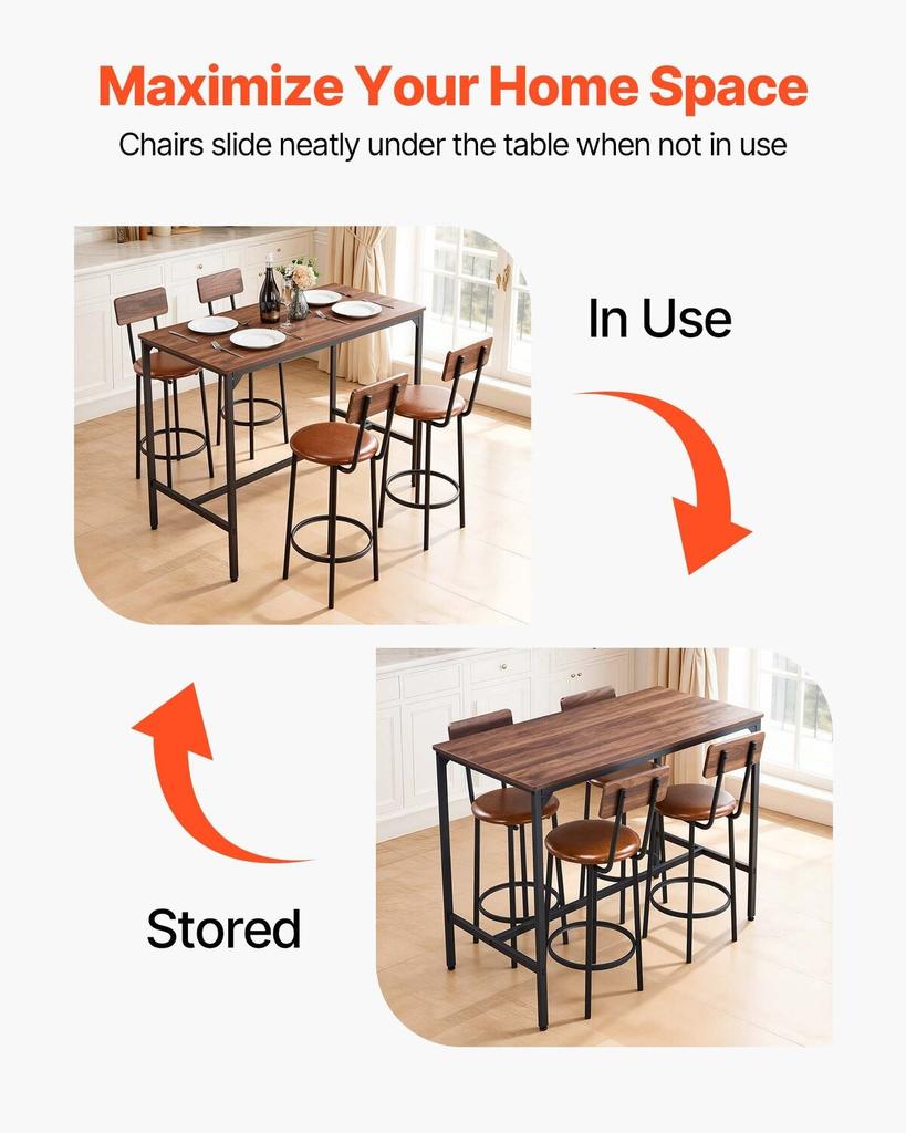 Bar Table, 5PCS 1193.8mm Bars Tables Set, Bar Tables and Chair Set with Rounded Edge Design, Rectangular Pub Table with Four Stools for Living Room,