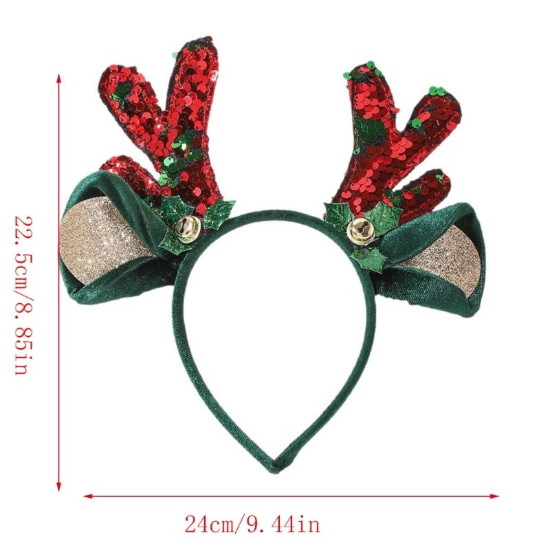 Christmas Sequined Reindeer Antler Bells Hairband Soft Fabric Headpiece For Kids Adults Holiday Party Accessory