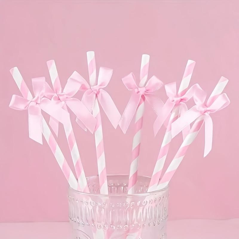 10pcs Pink Striped Bow Paper Straws with Ribbon Labels – Disposable Party Drinking Straws for Weddings, Bridal Showers