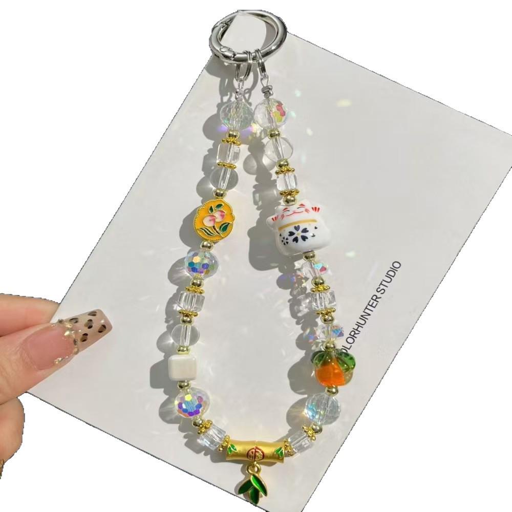 New Lucky Cat Persimmon Mobile Phone Lanyard: Chinese Style Glazed Crystal Charm for Phones, Bags, and Keyrings