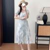 French temperament waist tie-dye lotus leaf edge blue high-end dress women's summer new tulle square collar dress
