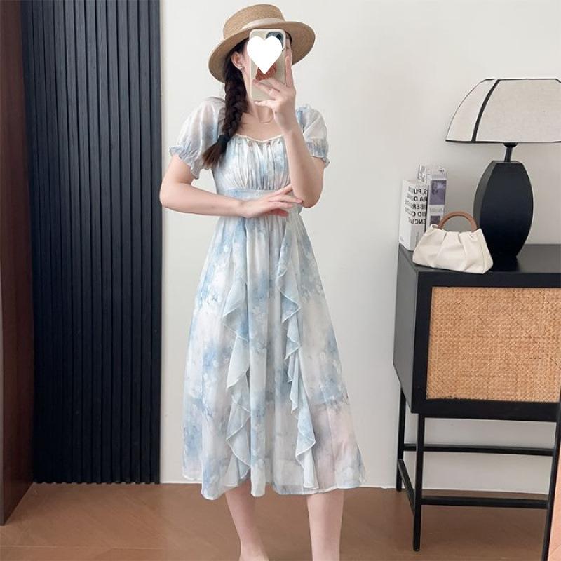 French temperament waist tie-dye lotus leaf edge blue high-end dress women's summer new tulle square collar dress