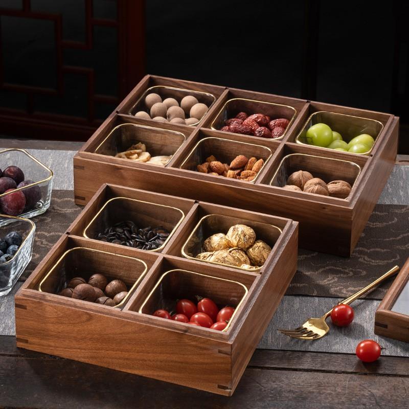 Walnut Wood Serving Tray Set With Compartmentalized Design Nuts Fruits Snacks Living Room Decor Modern Chinese Style