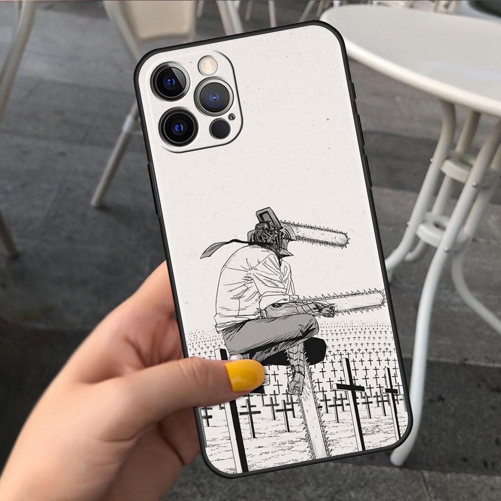 Etui na Apple iPhone 14 11 13 7 12 Pro 7 XR XS Max 8 Plus 6 14Pro Czarne Miękkie Etui na Telefon Coque Funda Śliczny Kreskówkowy Chainsaw Man