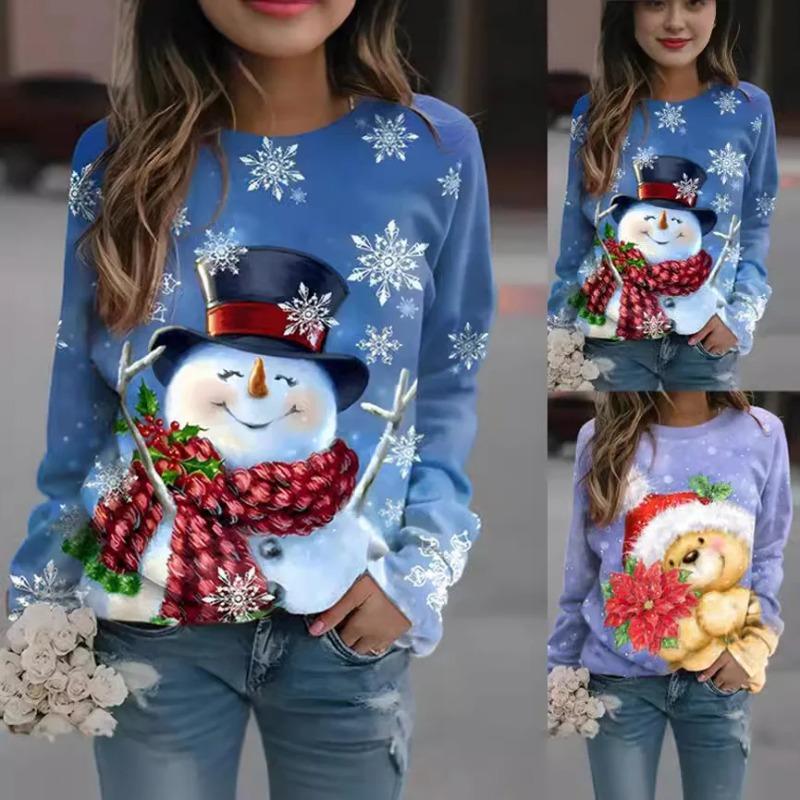 Women's Long Sleeve Round Neck Sweatshirt Christmas New Style Autumn Winter Pullover Printed Polyester Fiber Streetwear