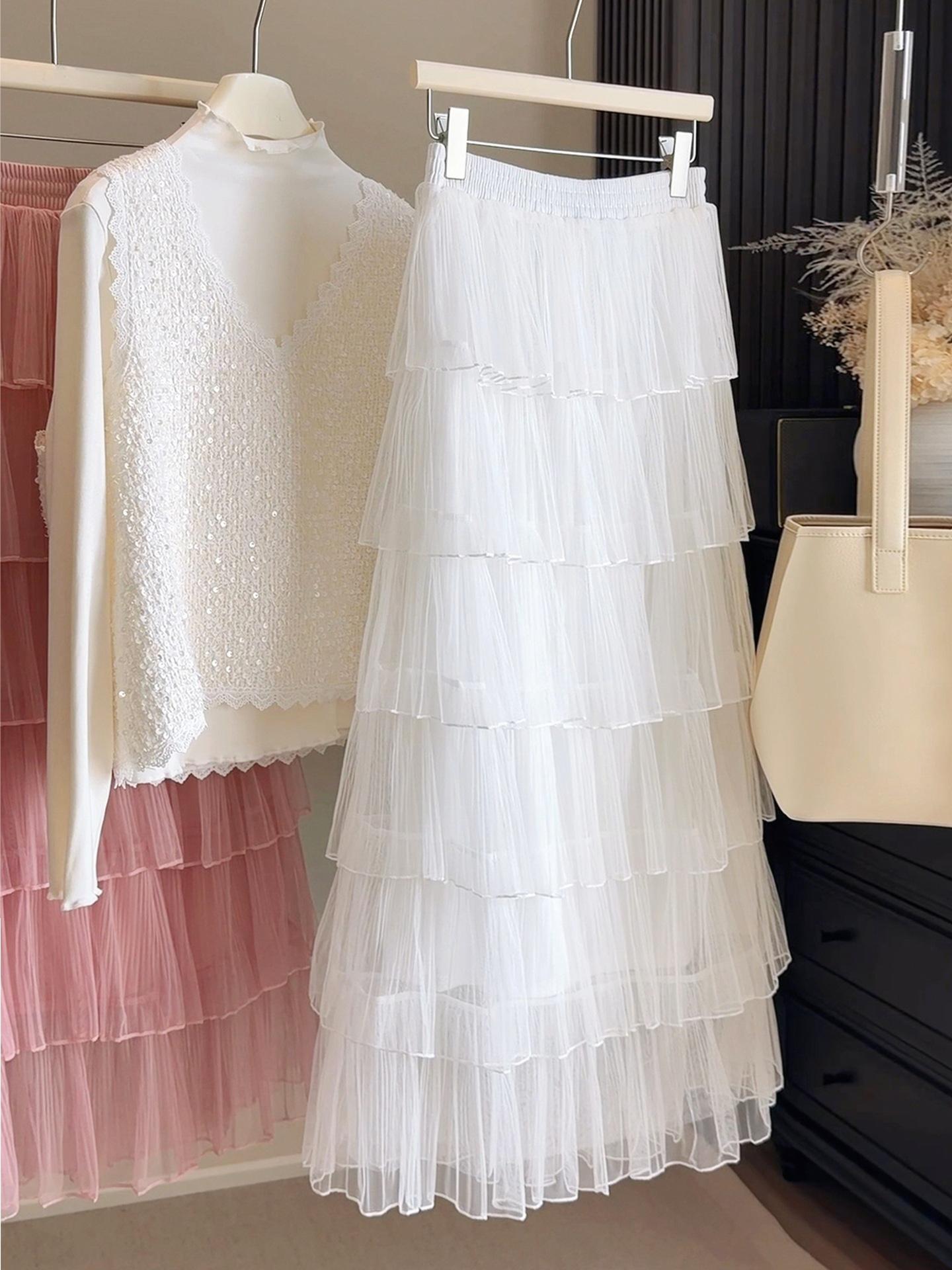 

2026 Spring Korean-Style Mesh Layered Mid-Length Skirt - High-Waisted, Elegant, Flowy Gauze Skirt for Women One Size білий