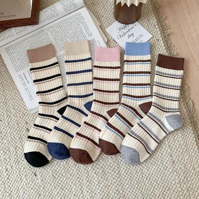 Autumn Socks: Women's Color-blocking Striped Mid-calf Socks, Trendy and Versatile Striped Pile Socks, College-style Women's Socks