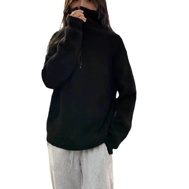 Solid-color loose knit sweater for women, laid-back fashionable Korean style, high neck, half-zip pullover sweater, versatile for autumn and winter