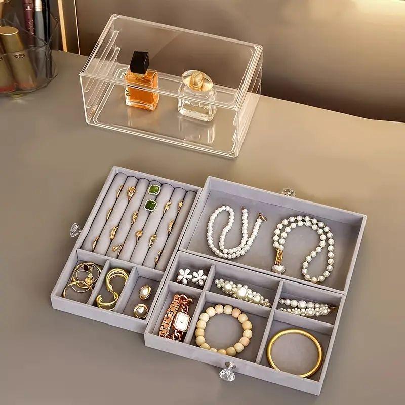 2025 Acrylic Velvet Jewelry Organizer with 3 Drawers for Earrings Necklaces Bracelets Storage- Stackable Display Case Box Holder