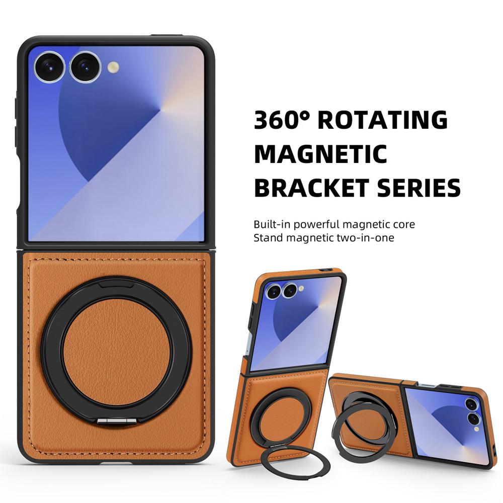 KEYSION 360° Rotating Magnetic Ring Stand PU Leather Case for MagSafe for Samsung Z Flip 7 5G 7 SE Wireless Charging Phone Cover