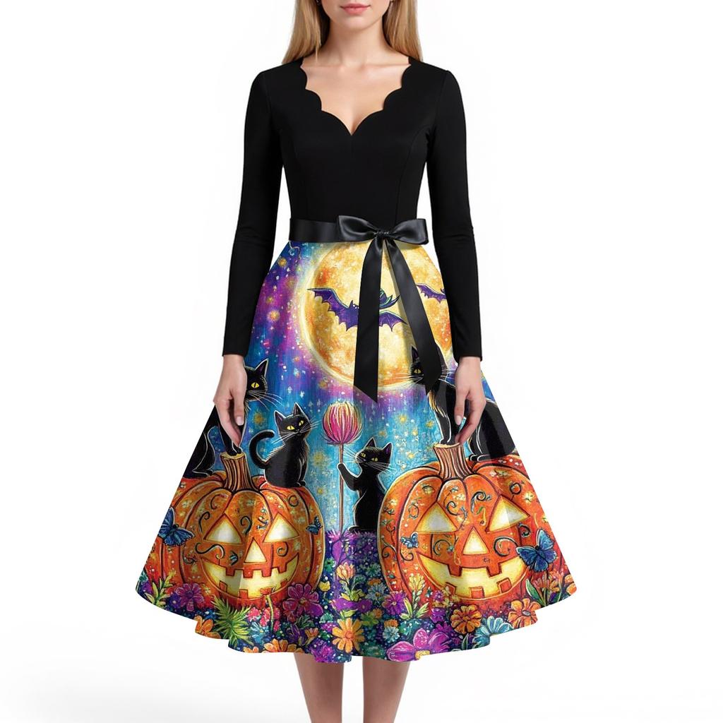 Women's Casual And Fashionable V-neck Long-sleeved Halloween Printed Dress