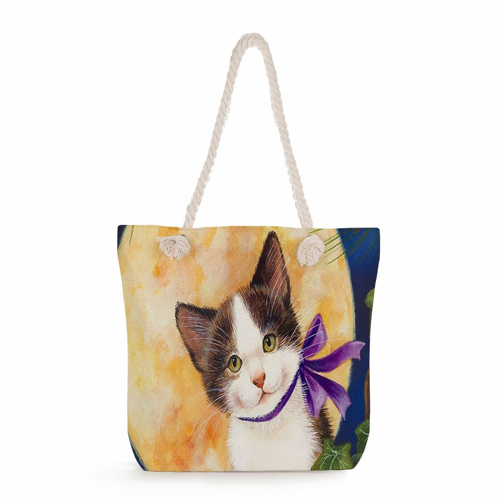 Cat print thick rope single-shoulder beach bag 7228