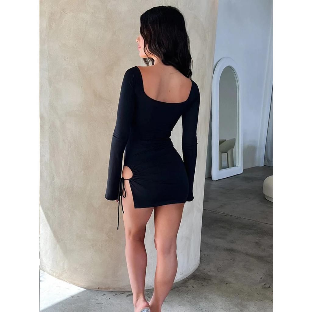 Women's Spring Summer Solid Color Front Tie Side Slit Hem Slim Fit Sexy Long Sleeve Dress