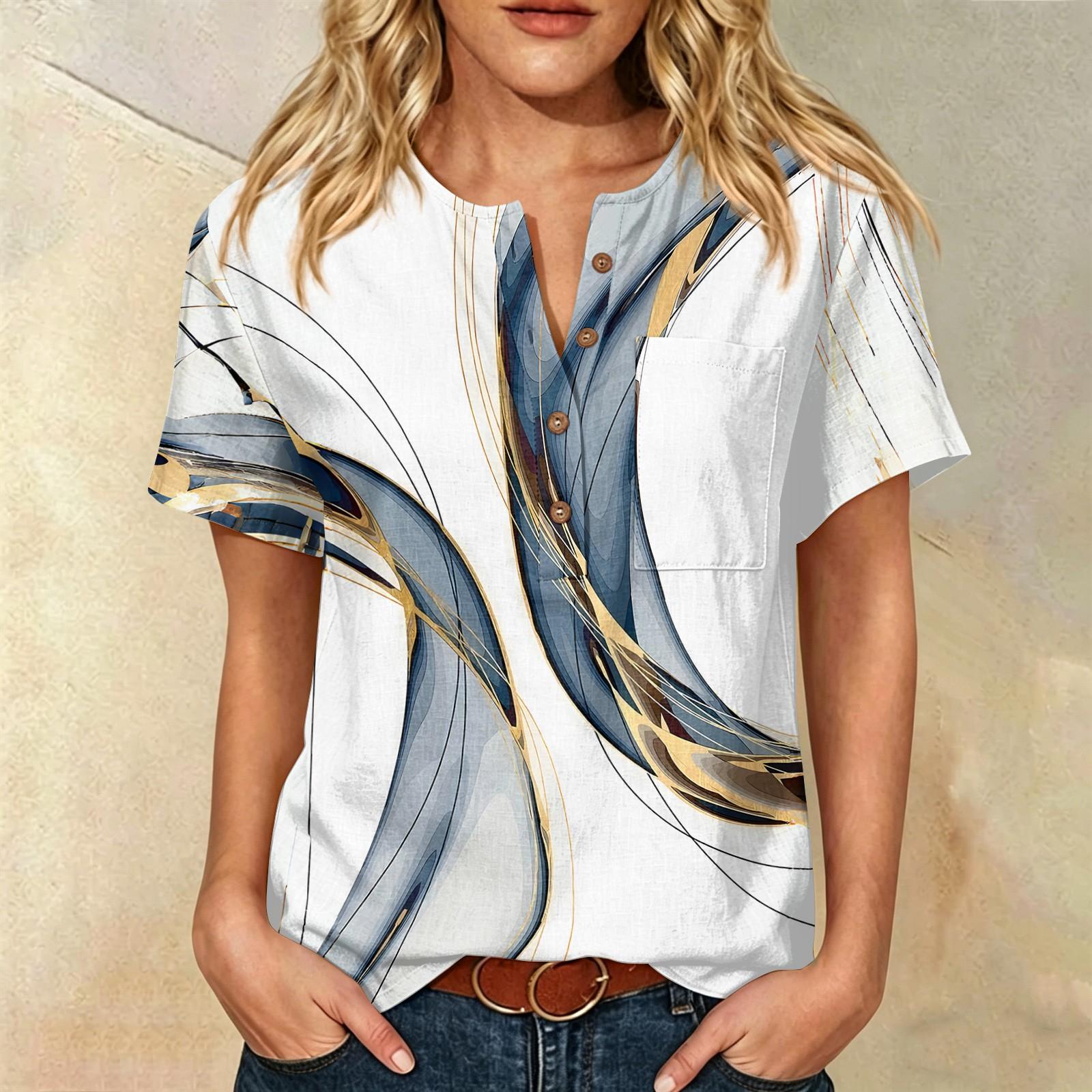 

Women’s Floral Print Cotton Linen Short Sleeve Henley Shirt with Chest Pocket Casual Loose Fit Button Neck Top M білий