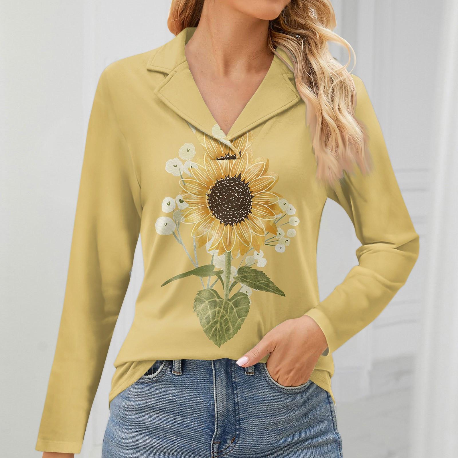

Женская мода для отдыха с длинным рукавом и V-образным вырезом с цветочным принтом S жёлтый