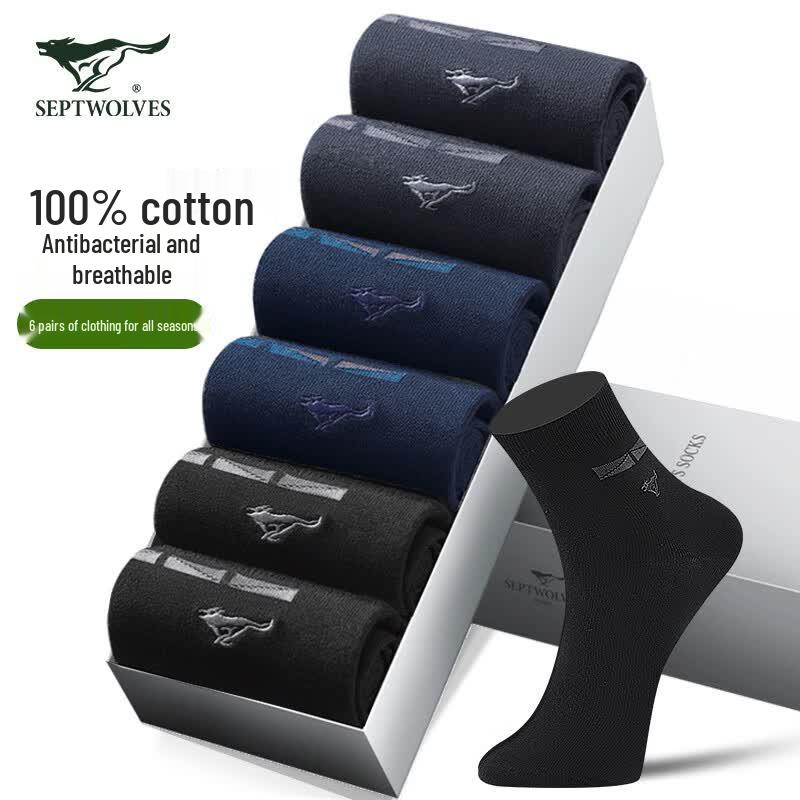 Septwolves Men s 100% Cotton Anti-odor Business Casual Mid-calf Socks (6 Pairs) One Size