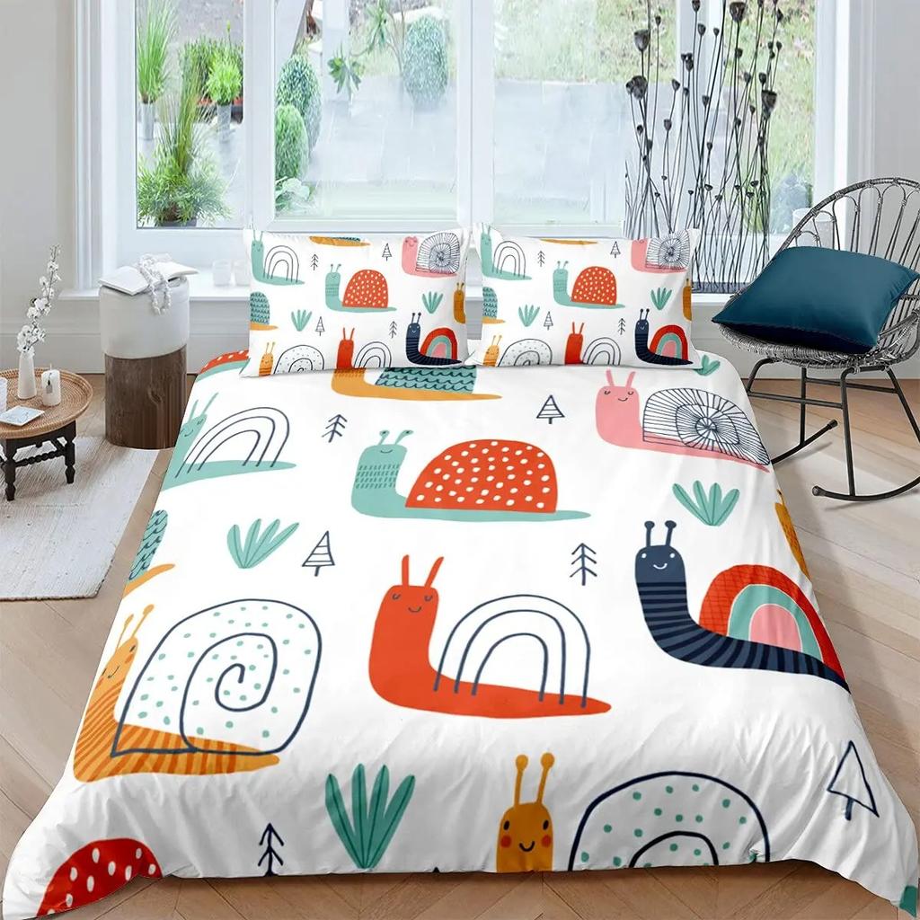 Kawaii Snails Duvet Cover Set Gradient Rainbow Printed Bedding Set Bedroom Decor Funny Snails Plant Duvet Cover for Boys Girls